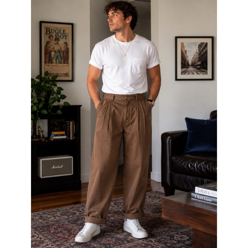 Vintage Bugle Boy Brown Pants Double Pleated Front Cuff Bottom 100% Cotton 36x32
